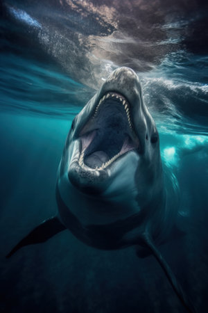 A close up of a shark with its mouth open. Generative AI image.の素材