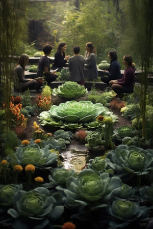 A group of people sitting around a garden. Generative AI image.の素材