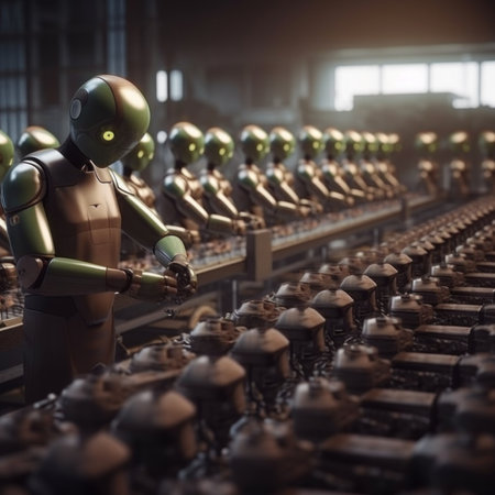 A group of robots standing next to each other in a factory. Generative AI image.の素材