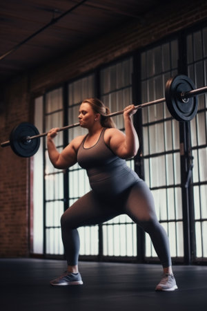 A woman is squatting with a barbell. Generative AI image.の素材