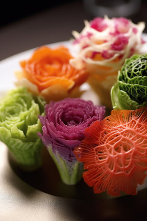 A white plate topped with colorful fractal cabbage on top of a table. Generative AI image.の素材