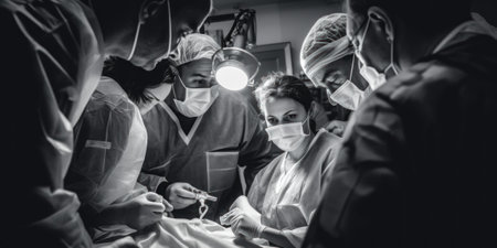 A black and white photo of a group of surgeons. Generative AI image.の素材