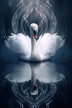 A white swan floating on top of a body of water. Generative AI image.の素材