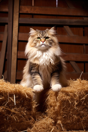 A fluffy cat sitting on top of a pile of hay. Generative AI image.の素材