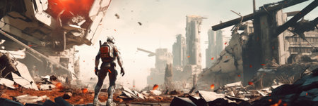 A man standing in front of a destroyed building. Generative AI image.の素材