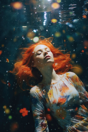 A woman with red hair is under water. Generative AI image.の素材