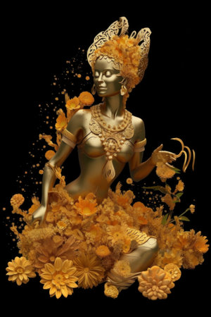 A gold statue of a woman surrounded by flowers. Generative AI image.の素材
