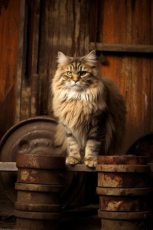 A fluffy cat sitting on top of a stack of rusty pots. Generative AI image.の素材