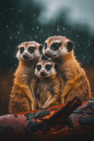 Three meerkats sitting on a log in the rain. Generative AI image.の素材