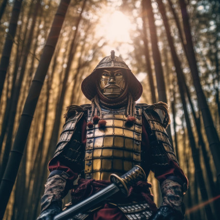 A samurai standing in the middle of a bamboo forest. Generative AI image.の素材