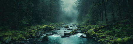 A stream running through a lush green forest. Generative AI image.の素材