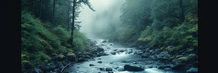 A river running through a lush green forest. Generative AI image.の素材