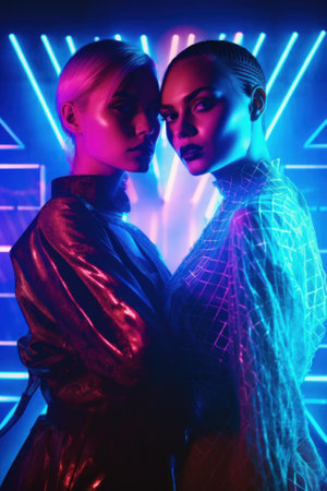 Two women standing next to each other in front of neon lights. Generative AI image.の素材