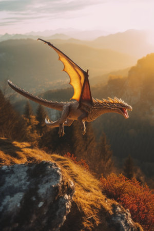 A dragon flying over a mountain with a valley in the background. Generative AI image.の素材