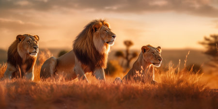 A group of lions walking across a grass covered field. Generative AI image.の素材