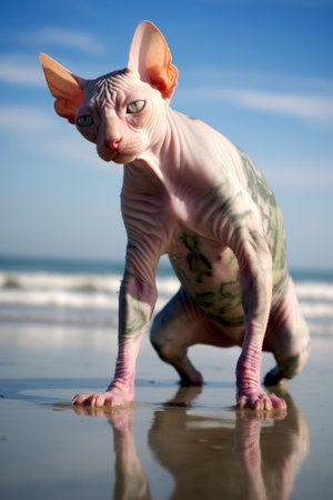 A sphy cat on the beach looking at the camera. Generative AI image.の素材