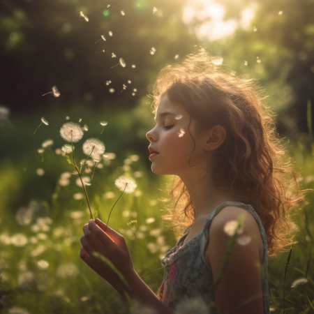 A young girl blowing a dandelion in a field. Generative AI image.の素材