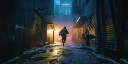 A person walking down a dark alley way. Generative AI image.の素材