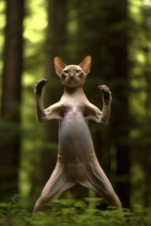 A cat standing on its hind legs in the woods. Generative AI image.の素材