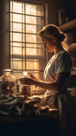 A woman standing in front of a table filled with food. Generative AI image.の素材