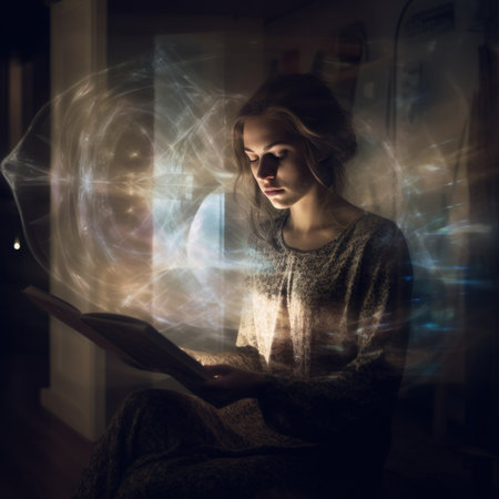 A woman sitting on a chair reading a book. Generative AI image.の素材