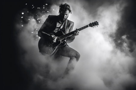 A man playing a guitar in a cloud of smoke. Generative AI image.の素材