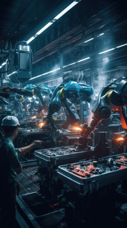 A man working on a machine in a factory. Generative AI image.の素材