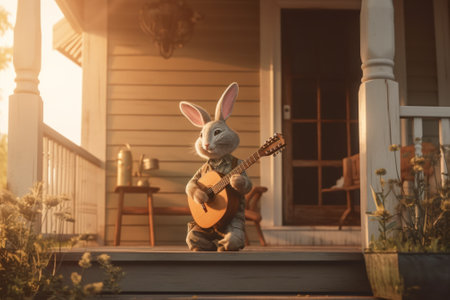 A rabbit playing a guitar on a porch. Generative AI image.の素材