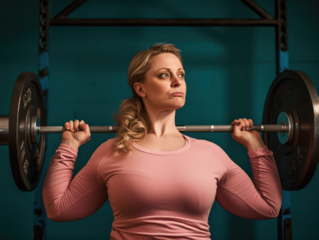 A woman in a pink shirt is holding a barbell. Generative AI image.の素材