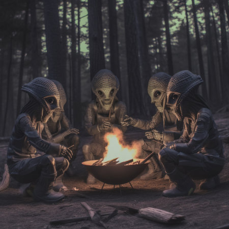 A group of aliens sitting around a campfire. Generative AI image.の素材
