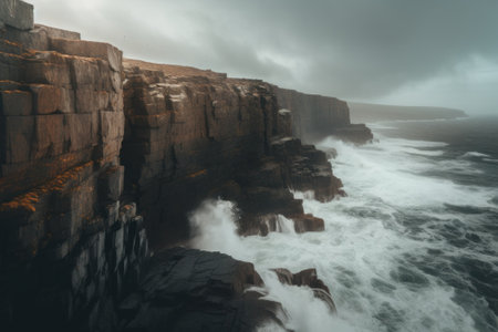A person standing on top of a cliff next to the ocean. Generative AI image.の素材
