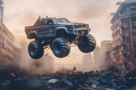 A monster truck flying through the air over a city. Generative AI image.の素材