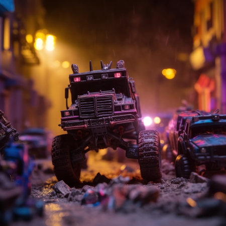 A toy truck driving down a street at night. Generative AI image.の素材