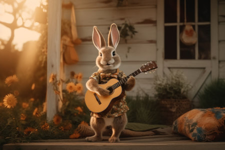 A rabbit playing a guitar in front of a house. Generative AI image.の素材