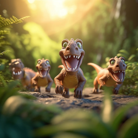 A group of toy dinosaurs walking through a forest. Generative AI image.の素材