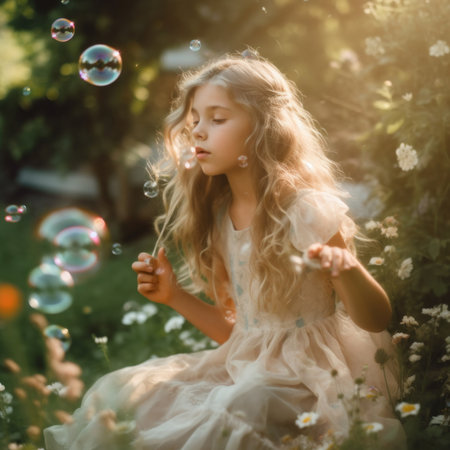 A little girl sitting in a field of flowers blowing bubbles. Generative AI image.の素材