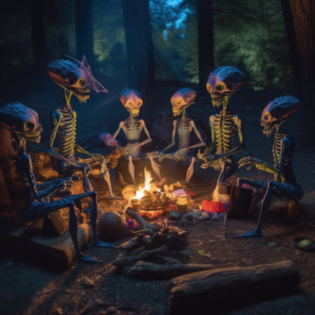 A group of skeletons sitting around a campfire. Generative AI image.の素材