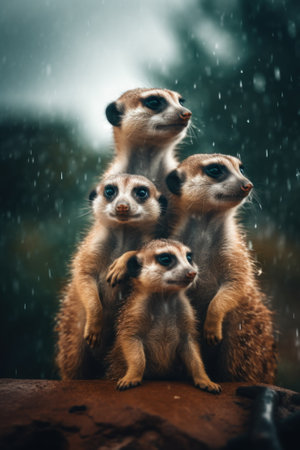 A group of meerkats sitting on top of a rock. Generative AI image.の素材