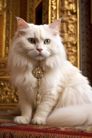 A white cat sitting on a red carpet. Generative AI image.の素材