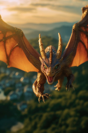 A close up of a dragon flying in the sky. Generative AI image.の素材