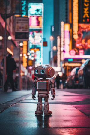 A robot standing on a city street at night. Generative AI image.の素材