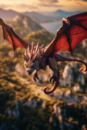 A close up of a dragon flying in the sky. Generative AI image.の素材