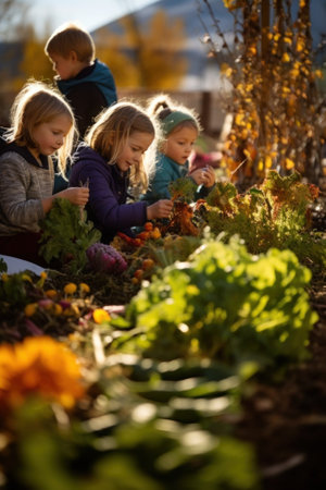 A group of children picking vegetables in a garden. Generative AI image.の素材