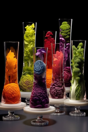 A row of vases filled with different colored flowers. Generative AI image.の素材
