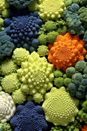 A close up of a bunch of romanesca cabbage broccoli. Generative AI image.の素材