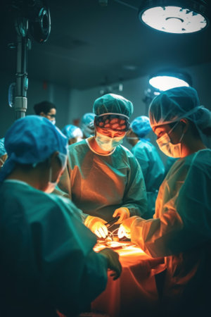 A group of surgeons performing surgery in an operating room. Generative AI image.の素材