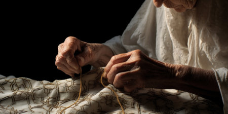 An old woman is knitting a piece of cloth. Generative AI image.の素材