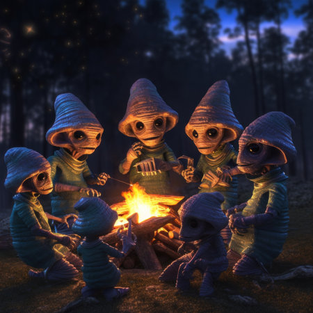 A group of alien like figures sitting around a campfire. Generative AI image.の素材