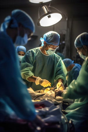 A group of surgeons performing surgery in an operating room. Generative AI image.の素材