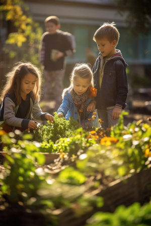 A group of children standing around a garden. Generative AI image.の素材